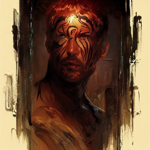 Image similar to man with the face of a Tiger blind at one eye in blade runner, bleeding, D&D, fantasy, intricate, elegant, highly detailed, digital painting, artstation, concept art, smooth, sharp focus, illustration, art by artgerm and greg rutkowski and alphonse mucha