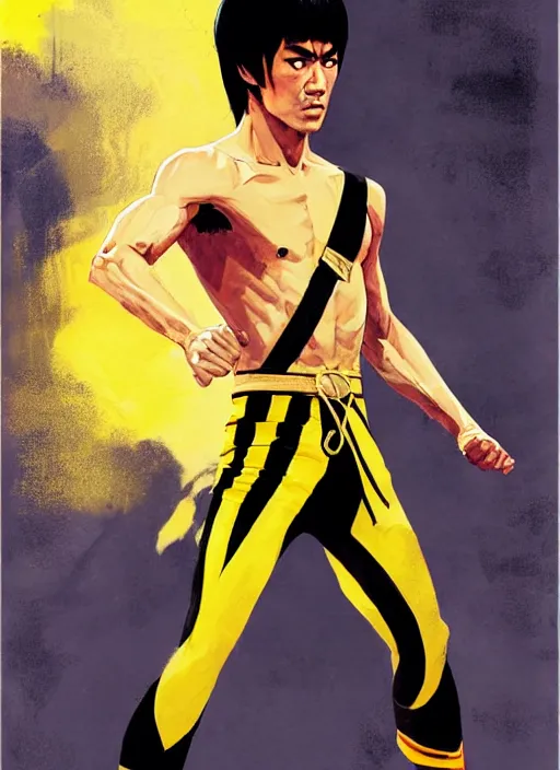 Prompt: bruce lee as a yellow and black stripes luxurious power ranger by greg rutkowski, claude monet, conrad roset, takato yomamoto, rule of thirds, sigma look, beautiful