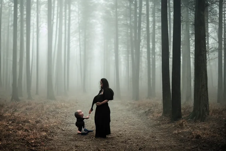 Image similar to a cinematic photo of a young woman with dark hair holds a baby in a dark, foggy forest, closeup, masterpiece