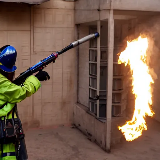 Prompt: Priti Pattel Weilding A flamethrower, firing it into a building, medium shot photo 8k ultrahd