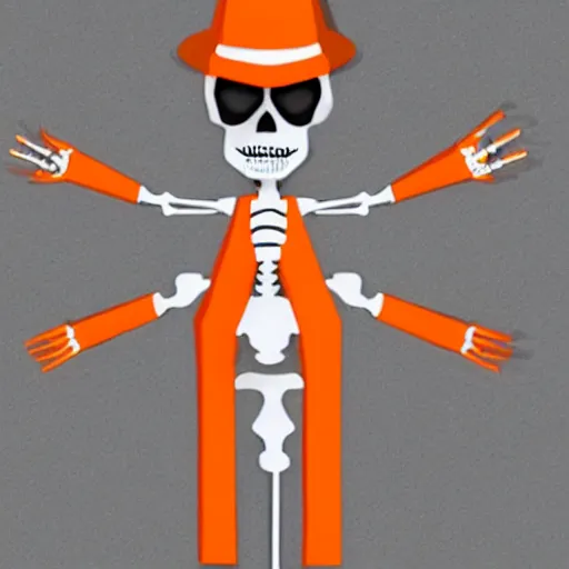 Image similar to a skeleton. his hands looks like traffic - cones