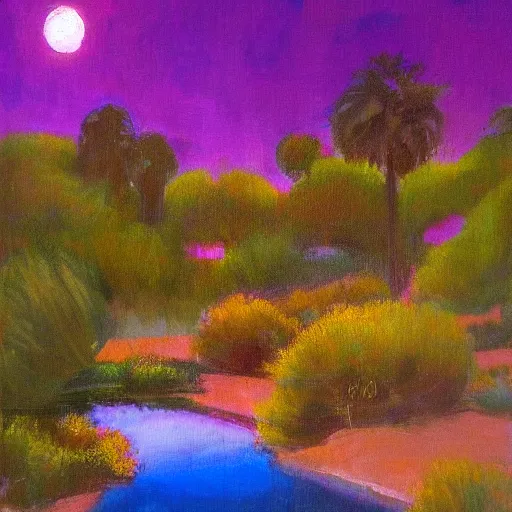 Image similar to a beautiful oasis at night pink blue purple by peter stephens