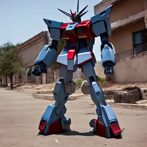 Prompt: A gundam war machine standing in the street of an old dusty Mexican town, photorealistic