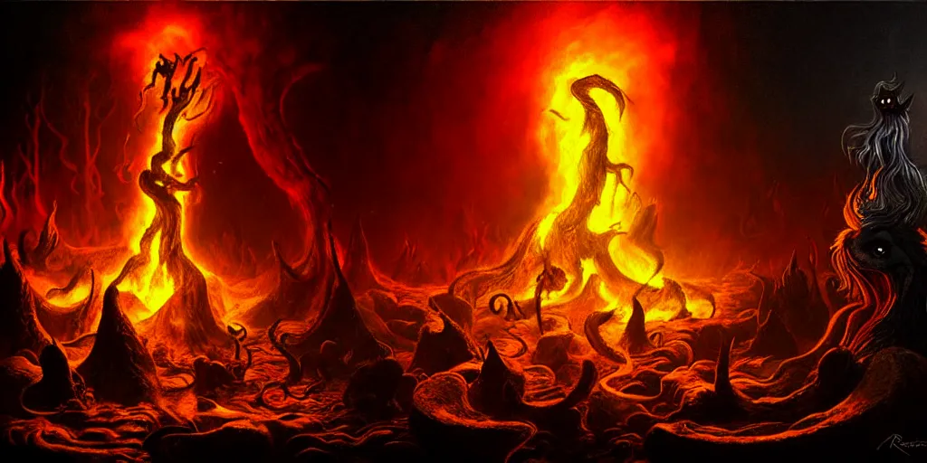 Image similar to mythical creatures and monsters at the mouth of hell, dramatic lighting glow from giant fire, in a dark surreal painting by ronny khalil