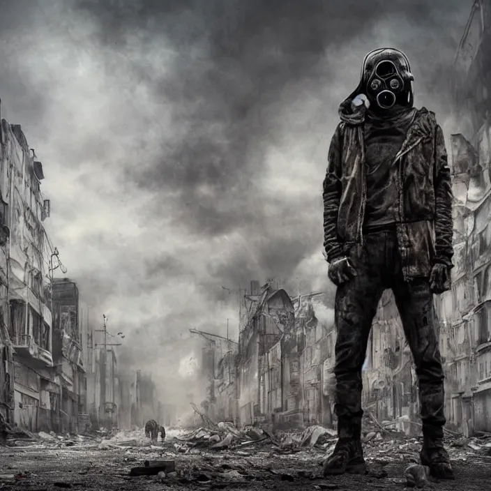 Image similar to gritty hooded apocalyptic man in gas mask standing in street of destroyed city, hyper - detailed, smooth, sharp focus, 4 k ultra hd, fantasy dark art, apocalyptic art