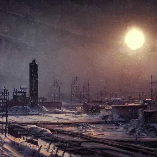 Prompt: a oil painting of brutalism old atom winter soviet town from frostpunk by Simon Stålenhag, in style of fractal landscape by Simon Stalenhag, atompunk, Sci-Fi, 8k, ultra detail, volumetric lighting, unreal engine, octane render, ultra realistic, max quality, epic 35 mm lens shot, photorealism