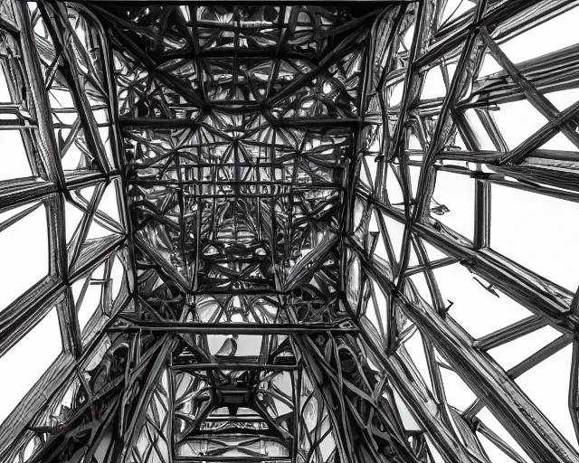 Prompt: The inside of a tall tower, interior, low angle, looking up, imposing composition, detailed