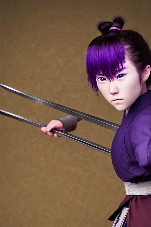 Prompt: highly detailed beautiful photo of a young female samurai, practising sword stances in front of a warzone, symmetrical face, beautiful eyes, purple hair, realistic anime art style, 8 k, award winning photo, happy colours, action photography, 1 / 1 2 5 shutter speed, dramatic lighting