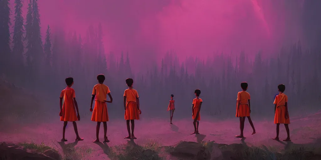 Image similar to kerala school boys wearing girls dresses posing for a photo, an epic fantasy, dramatic lighting, cinematic, establishing shot, extremely high detail, photorealistic, cinematic lighting, artstation, matte painting by simon stalenhag, horizon forbidden west