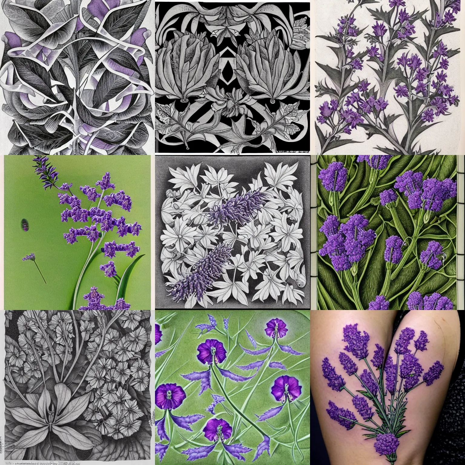 Prompt: botanical tattoo of verbena and lavender flowers, by m. c. escher