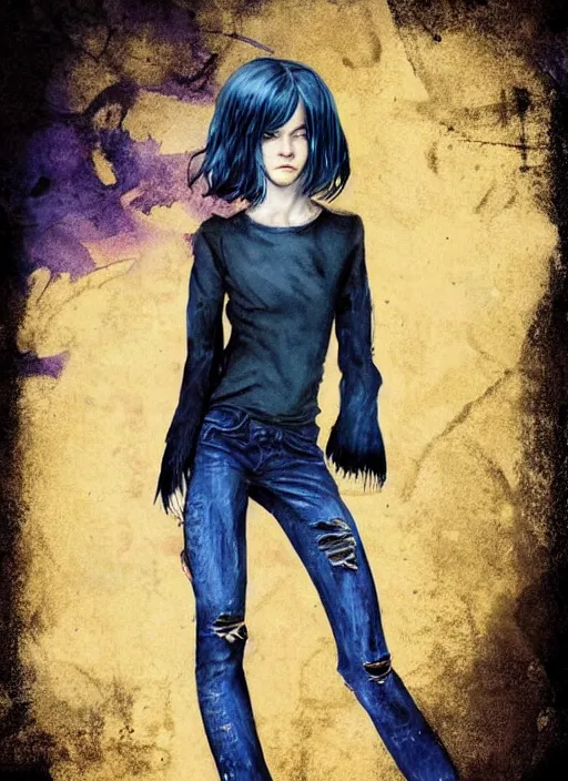 Prompt: medium shot, grunge style, nice pale twelve years old girl witch with midnight blue hair, messy dyed in midnight blue bob cut hairstyle, amber oval eyes, grunge clothes, jeans, high boots, dynamic pose, digital art, highly detailed, sharp focus, digital painting, artwork by Rutkowsky, by Victor Adame Minguez by Yuumei by Tom Lovell by Sandro Botticelli