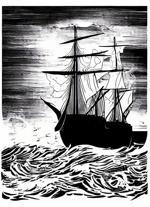 Prompt: realistic galleon ghost ship on the high seas with stormy big waves, art by james o barr, woodblock print, steel engraving, black and white, vector, vector art