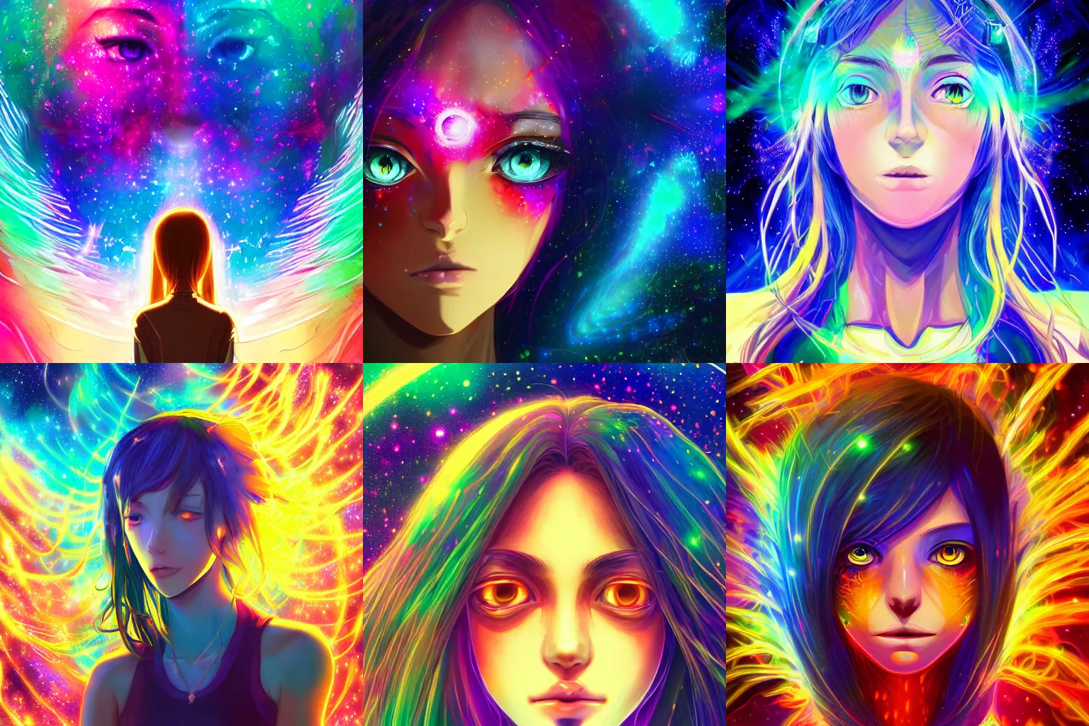 Prompt: a beautiful colorful digital head and shoulders potrait of an attractive girl with hypnotic hyper detailed golden voilet glowing eyes and open third eye psychedelic spiritual art, space background, breathtaking stars, 4k hyperrealistic, hyper realistic anime art by makoto shinkai