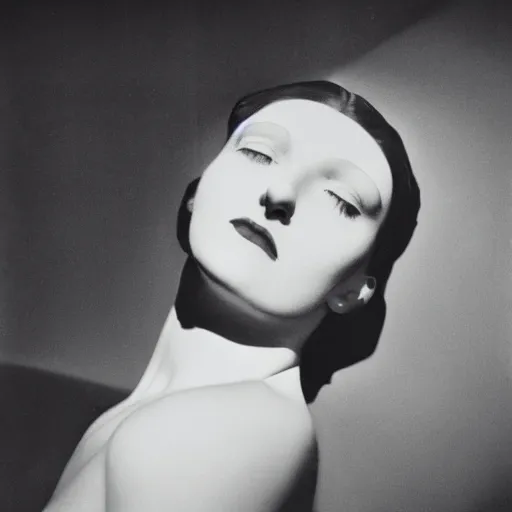 Image similar to portrait of a mysterious woman with light and shadow on her face, by dora maar and man ray and lee miller, 1 9 3 4, photography, side lighting, cinematic lighting, very aesthetic, mystery, geometry, abstraction, beautiful, light and shadow, masterpiece, black and white, tri - x 4 0 0