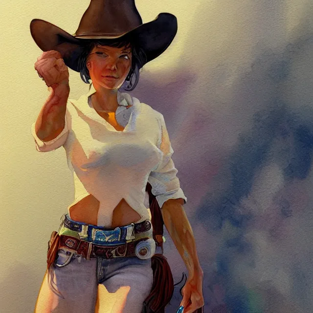 Image similar to a oil / watercolor painting full body character portrait of a cloned cowgirl in the style of moebius in the style of leonard boyarsky trending on artstation deviantart pinterest detailed realistic hd 8 k high resolution