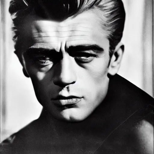 Image similar to genetic combination of james dean and boris karloff, face and shoulders focus