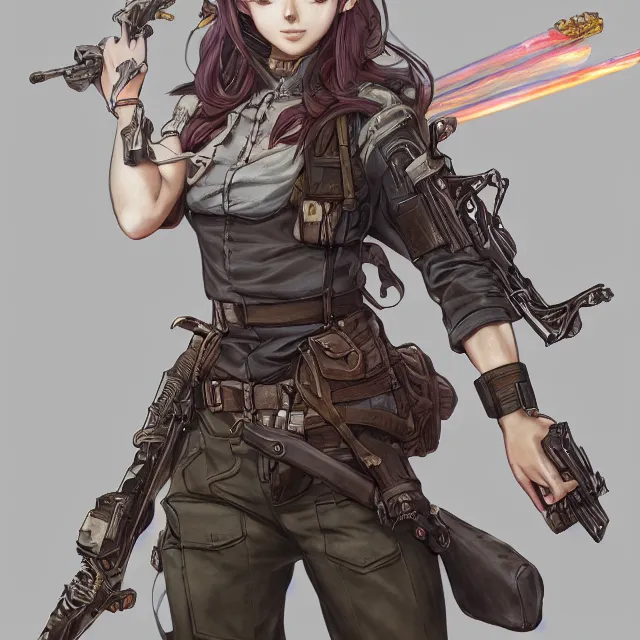 Image similar to the portrait of lawful neutral semi - colorful female infantry gunner as absurdly beautiful, gorgeous, elegant, young anime girl, an ultrafine hyperdetailed illustration by kim jung gi, irakli nadar, intricate linework, bright colors, octopath traveler, final fantasy, unreal engine 5 highly rendered, global illumination, radiant light, detailed and intricate environment