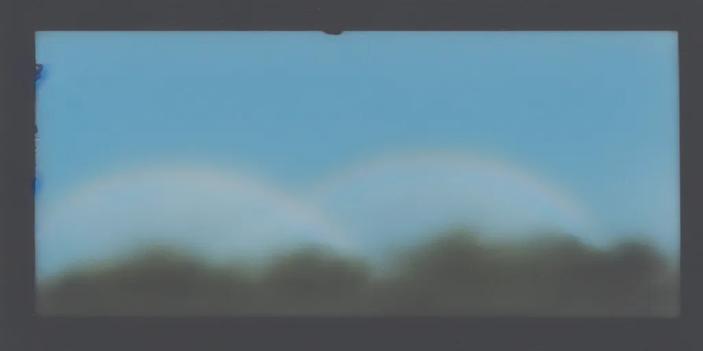 Image similar to polaroid photo of a single rainbow in the sky, clouds in the background, light blue sky, slight color bleed from the rainbow