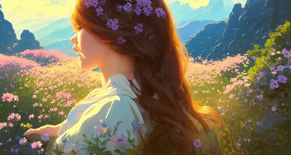 Image similar to a girl clothed in serene flowers behind a beautiful mountain landscape, night setting. realistic shaded lighting poster by ilya kuvshinov katsuhiro, magali villeneuve, artgerm, jeremy lipkin and michael garmash, rob rey and kentaro miura style, trending on art station