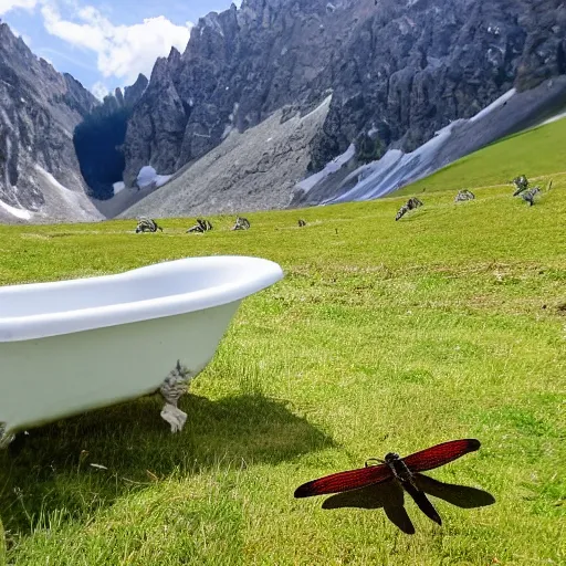 Image similar to dragonfly in a bathtub in the alps, herd of goats!!!! in background