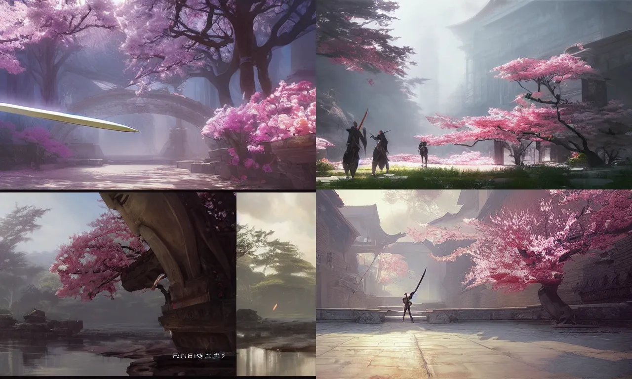 Prompt: Sakura Sword, by Ruan Jia and Andreas Rocha, Unreal Engine