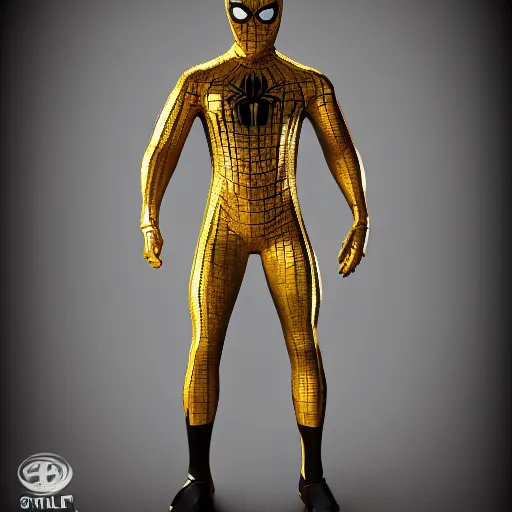 Image similar to gold spider - man suit with black web lining, cinematic, volumetric lighting, realistic, hyperdetailed, photorealistic, photograph