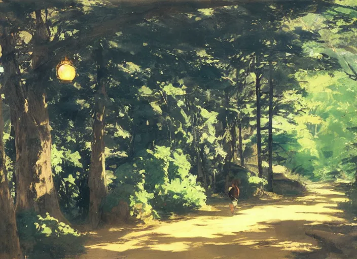 Prompt: oil painting of japanese forest path in midday by anders zorn, wonderful art by studio ghibli, incredible lighting, shadows, beautiful cinematic light, american romanticism by greg manchess, tall rocky mountains and storm clouds, sun rays, sunshine, bright sunny summer day, stone walls and wooden fences, meadow