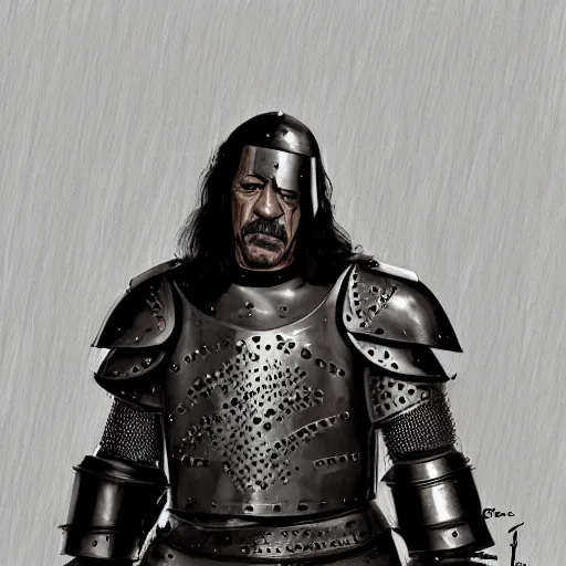 Prompt: danny trejo in plate armour, 4 k, concept art, digital art, medieval style, sharp lines, dynamic shadows