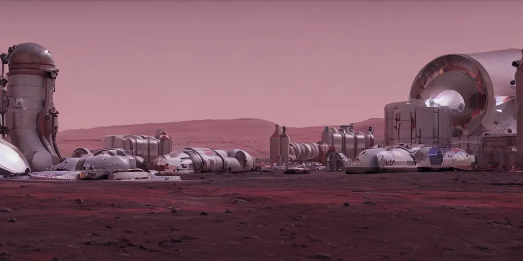 Prompt: 4 k rendered unreal 5 image of a space x starship factory on mars with lots of spaceships and boosters being built by robots, sparks and smoke and red dust, wet puddles reflecting