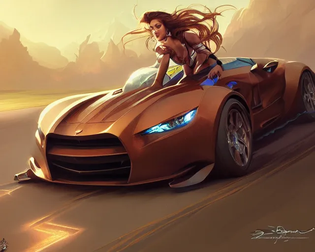 Prompt: sports car action shot, deep focus, d & d, fantasy, intricate, elegant, highly detailed, digital painting, artstation, concept art, matte, sharp focus, illustration, hearthstone, art by artgerm and greg rutkowski and alphonse mucha