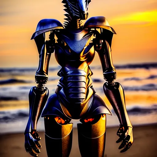 Image similar to epic close up shot, realistic detailed stunning beautiful anthropomorphic robot mechanical female dragon, doing an elegant pose with hand on hip, looking to the side, sleek streamlined armor and design, sharp claws, sleek head, long tail, standing on two legs, wearing a hooded cloak that blows in the wind from behind her, on the beach during sunset, high quality, cinematic art, sunset lighting, artstation, deviantart, furaffinity