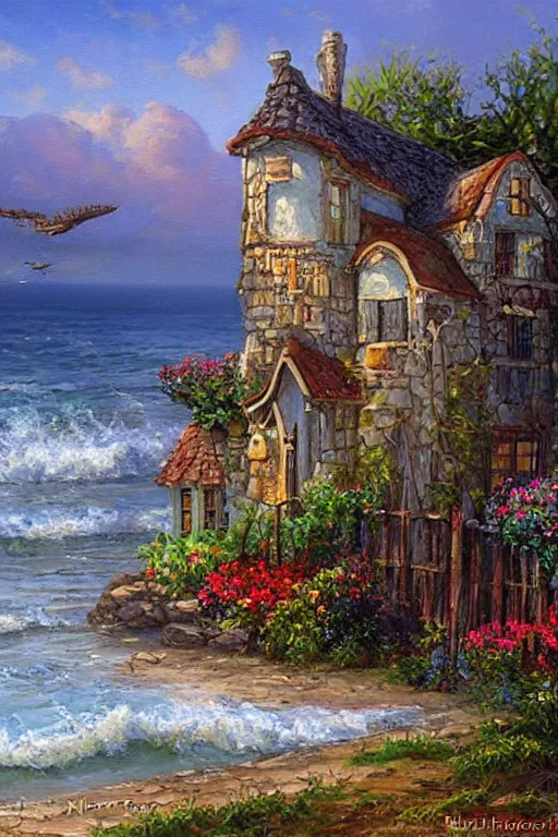 Prompt: beautiful painting of an old house by the ocean painted by Ralph Horsley, vivid fantasy