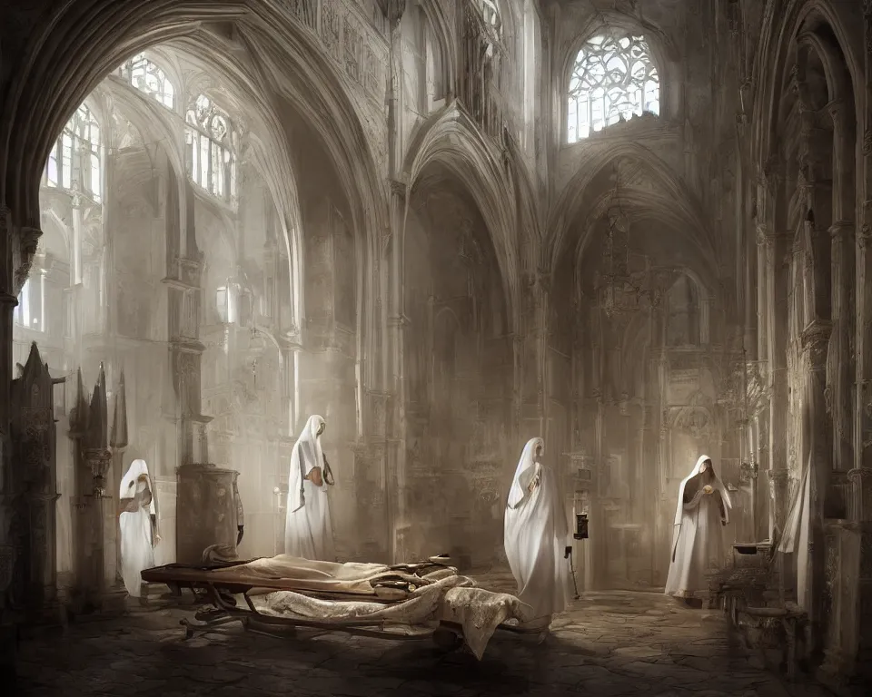 Prompt: a painting of a body on a stretcher, with nuns in white veils, cinematic keyframe of a medieval hospice building in a gothic medieval town, by greg rutkowski, rule of thirds, golden ratio, ambient lighting, wlop, artgerm, artstation, highly detailed masterpiece, dark fantasy art, intricate details, elegant, ultra realistic