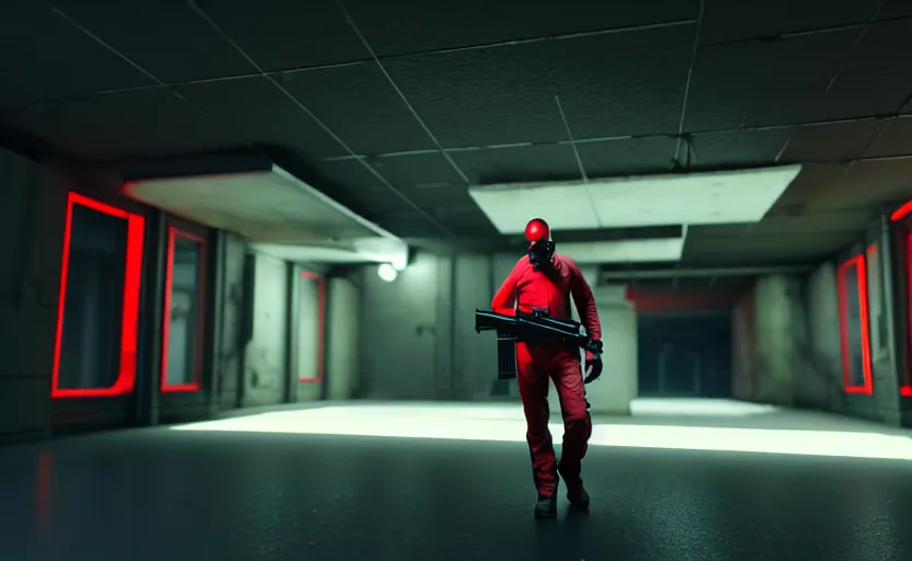 Image similar to in-game screenshot of a dark red hazmat scientist holding a gun walking on unreal engine 5, in a liminal underground garden, photorealistic, octane render, retrofuturism, brutalism, staggered terraces, minimalist, soft vintage glow