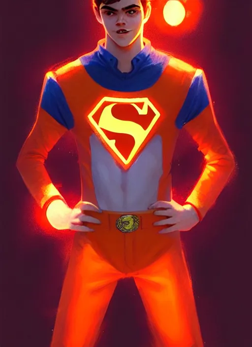 Image similar to teenage archie andrews wearing an orange superhero costume, intricate, elegant, glowing lights, highly detailed, digital painting, artstation, sharp focus, illustration, art by wlop, mars ravelo and greg rutkowski