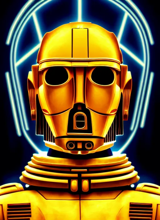 Image similar to symmetry portrait of c 3 p 0, sci - fi, tech wear, blue and yellow glowing lights, intricate, elegant, highly detailed, digital painting, artstation, smooth, sharp focus