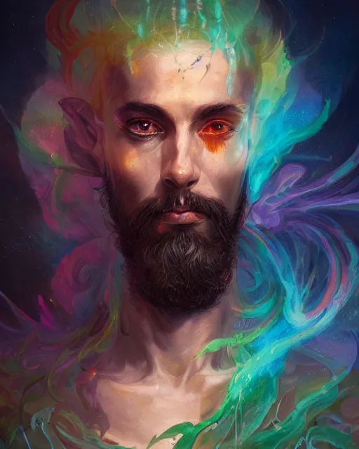 Prompt: beautiful portrait of a psychedelic shaman, by pete mohrbacher and artgerm and wlop, digital art, highly detailed, intricate, fantasy, mystical, Trending on Artstation HQ, deviantart, unreal engine, 4K UHD image