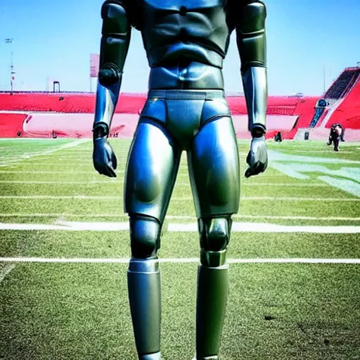 Image similar to “ a realistic detailed photo of a guy who is an attractive humanoid who is half robot and half humanoid, who is a male android, football player christian mccaffrey, shiny skin, posing like a statue, blank stare, on the field, on display ”