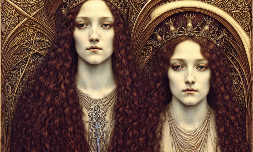 Image similar to detailed realistic beautiful young medieval queen face portrait by jean delville, gustave dore and marco mazzoni, art nouveau, symbolist, visionary, gothic, pre - raphaelite. horizontal symmetry