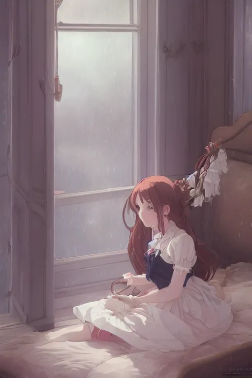 Prompt: a young lolita dressed girl in a maid's outfit in the bedroom typing front the notebook a night, raining outside the window, wavy white long hair, by krenz cushart and mucha and akihito yoshida and makoto shinkai and greg rutkowski, 4 k resolution