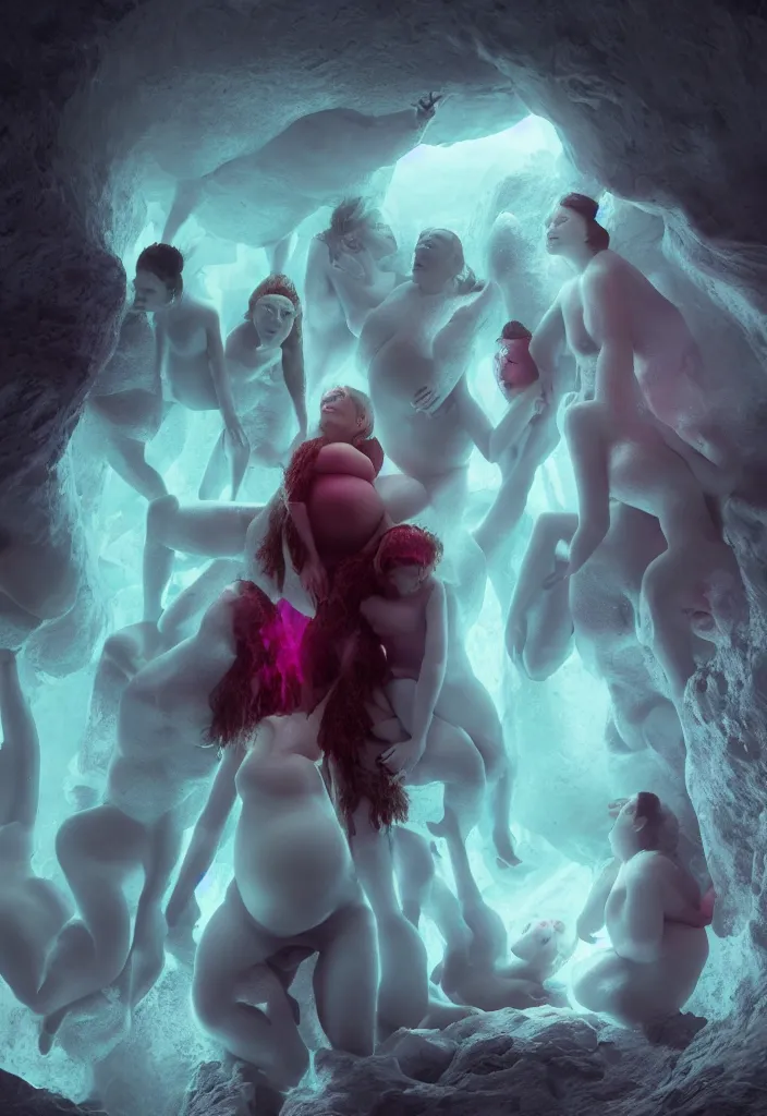 Image similar to epic pregnant woman talking to all her tribe with fluorescence bodies, proud people gather around the pregnant woman, ice cave, facinating, fantasy digital art, octane render, beautiful composition, trending on artstation, award - winning photograph, masterpiece