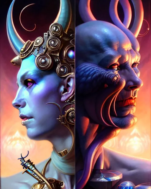 Image similar to beautiful gemini good and evil fantasy character portrait, ultra realistic, wide angle, intricate details, the fifth element artifacts, highly detailed by peter mohrbacher, hajime sorayama, wayne barlowe, boris vallejo, aaron horkey, gaston bussiere, craig mullins