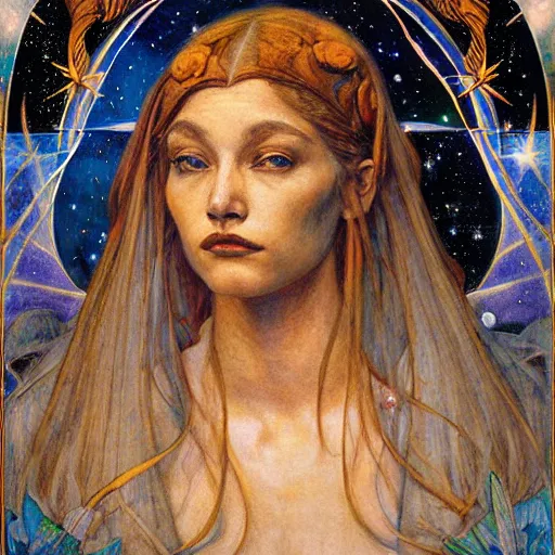 Image similar to queen of the moon with stars in her hair, by annie swynnerton and tino rodriguez and donato giancola and nicholas roerich and jean delville and diego rivera, dramatic lighting, god rays, geometric tattoos, rich colors, smooth sharp focus, extremely detailed, adolf wolfli