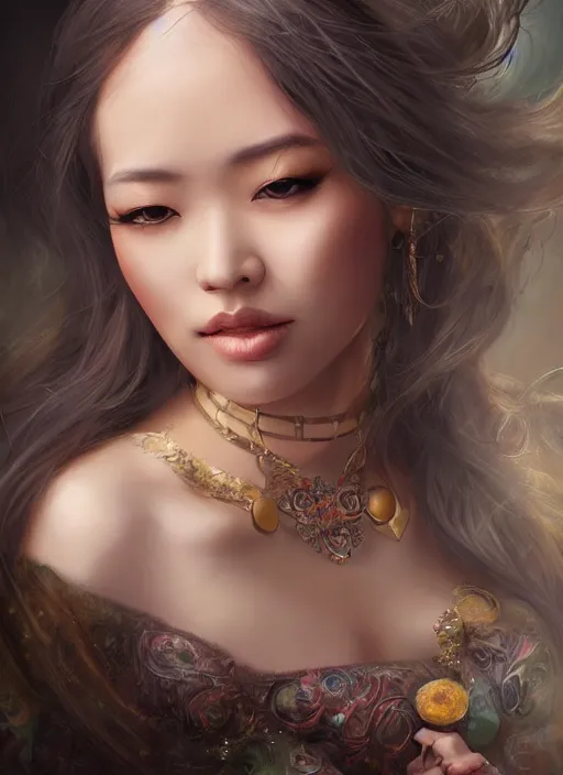 Image similar to a beautiful woman gheisa, 8 k, hyperrealistic, asian hyperdetailed, beautiful face, long hair, dark fantasy, fantasy portrait by laura sava