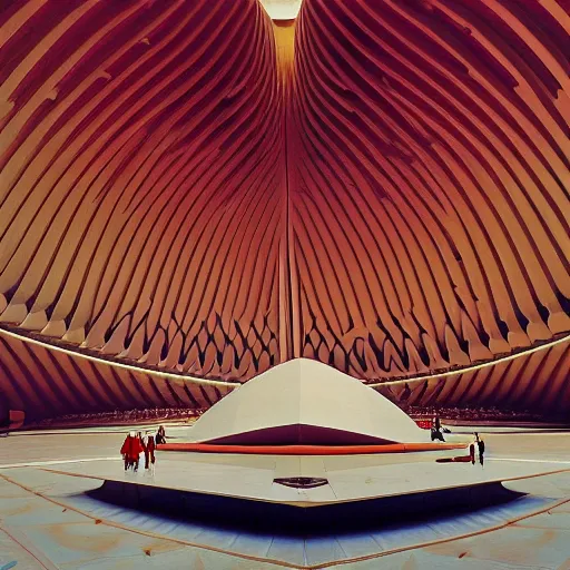 Image similar to interior of a futuristic lotus temple with gold, red and white marble panels, in the desert, by buckminster fuller and syd mead, intricate contemporary architecture, photo journalism, photography, cinematic, national geographic photoshoot