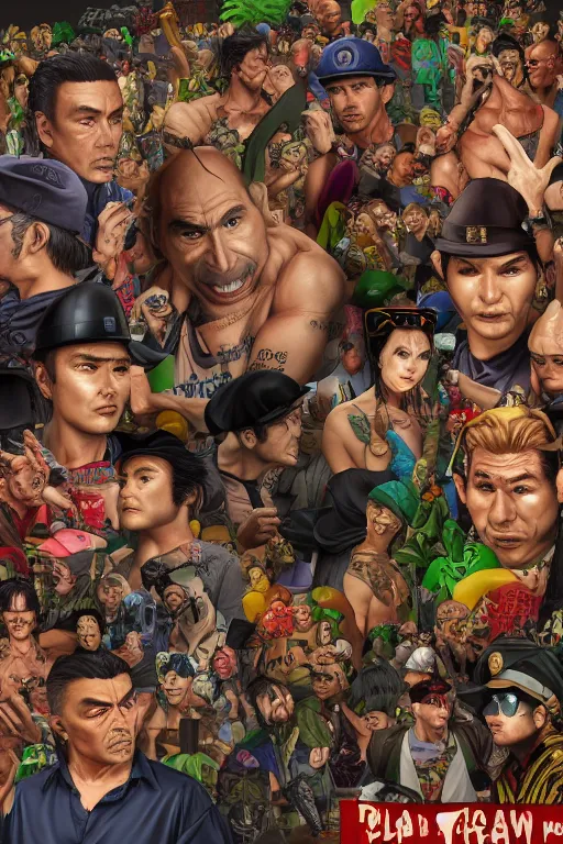 Image similar to place full of tunnel rats - pop art, hyperrealistic, detailed by artgerm and richard hamilton and mimmo rottela and bob rafei and kazuma kaneko and bengus and yoshitaka amano, face features, human anatomy features, sharp focus, realistic detail human composition, gta chinatown models, best rendered by krita by photoshop by octane