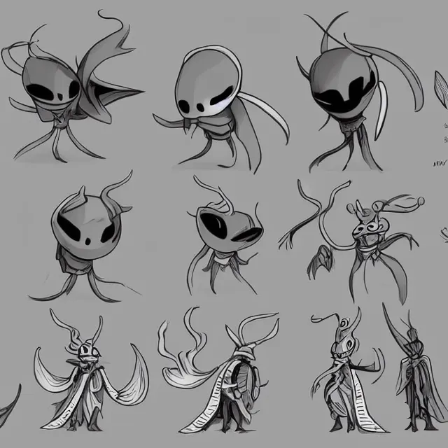 Image similar to hollow knight character design by ari gibson