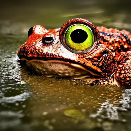 Prompt: deep camouflage angry toad evil eyes poking out eyes from under the water ultra sharp blur background simple background deep brown orange evil eyes