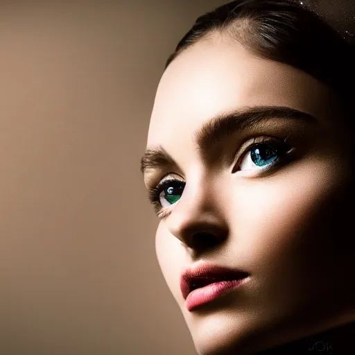 Image similar to masterpiece portrait of a beautiful woman, her face is behind a clear crystal, dark background, dramatic lighting, 200mm canon 5d f/6