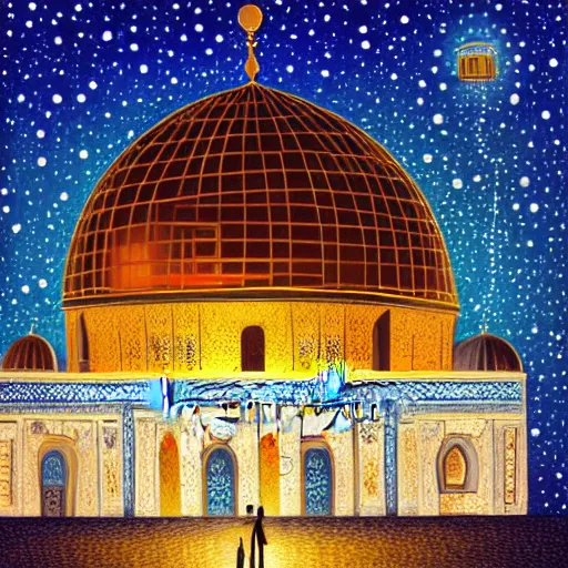 Prompt: a beautiful oil painting flyer design illustration of dome of the rock jerusalem and a silhouette of muslim is praying to god in front of it, intricate, elegant, glowing lights, highly detailed, digital painting, artstation, concept art, smooth, sharp focus, illustration, flat background